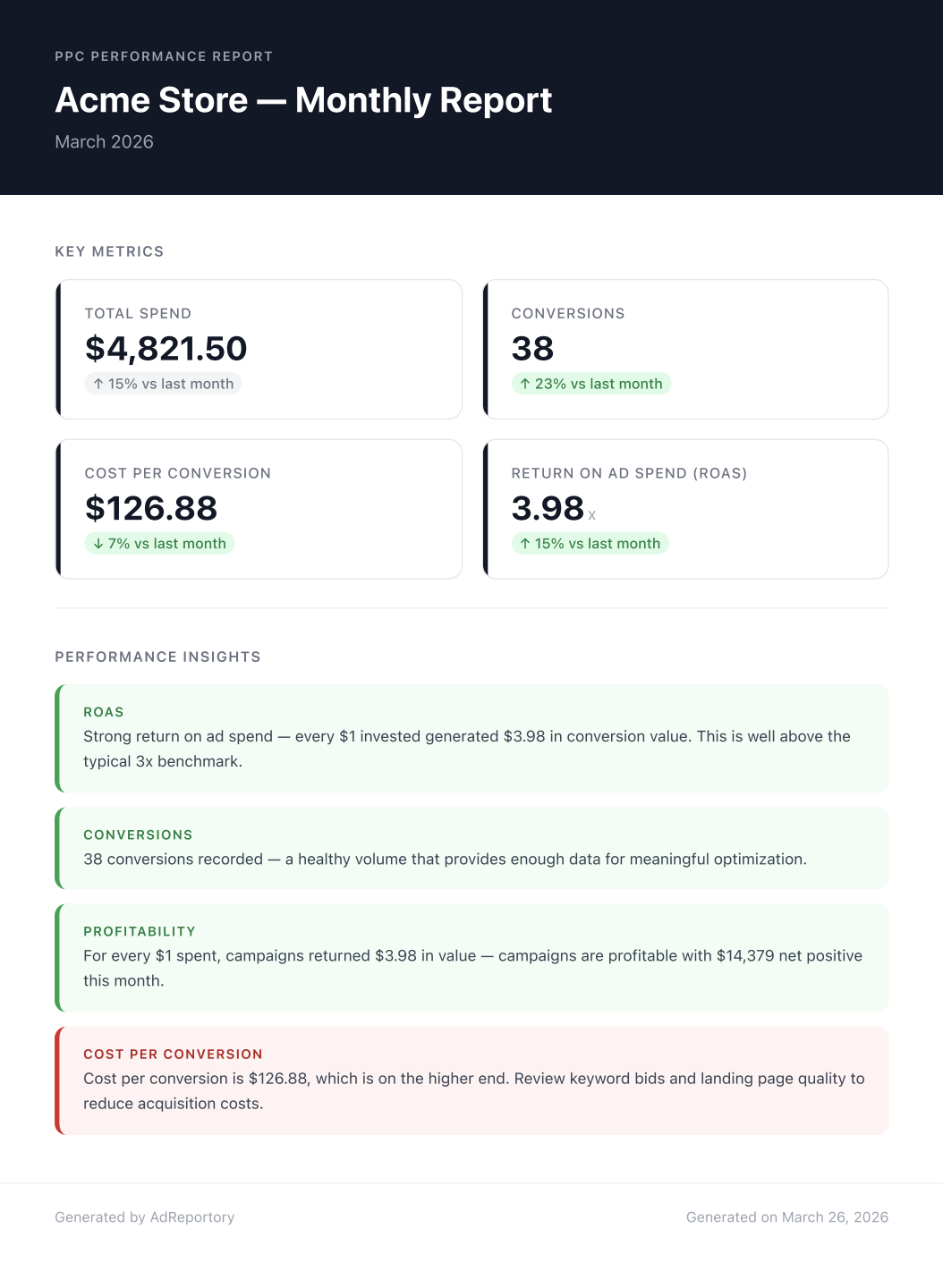 AdReportory — Google Ads PDF Report Preview
